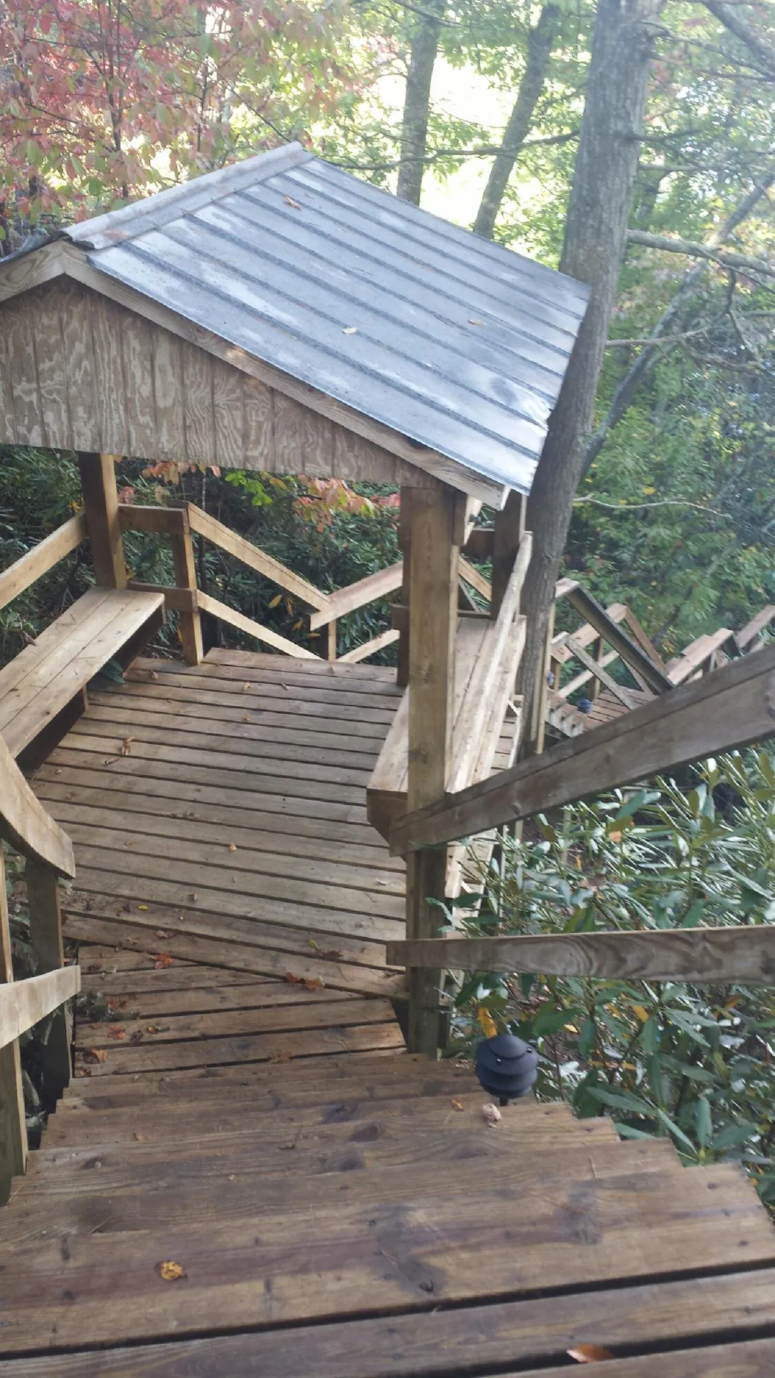 Metal roofed shelter over wooden steps on a wooded walkway — Skylight Repair & Installation work by our crew in Brush Creek
